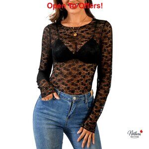 Long Sleeve Mesh Lace Blouse Slim Fit Floral Embroidery See Through Top